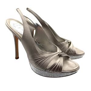 Rene Caovilla Arso Grigio Platform Slingback Heels in Silver Champagne Size 39